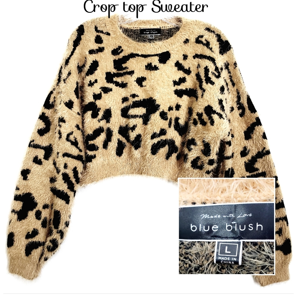Nwot Blue Blush Caramel /Black Abstract Longsleeve Animal Print Crop Sw…